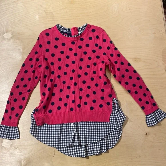 crown & ivy Pink Polka Dot Layered Sweater with Navy Gingham Medium (QW) - Picture 1 of 7
